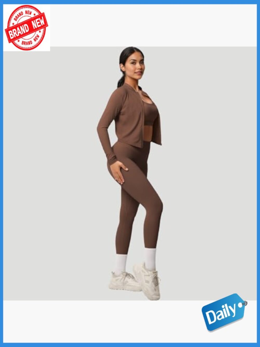 3 Piece Workout Set: Zip-Up Jacket, Sports Bra & High-Waist Leggings, Stretchy - Picture 4 of 7